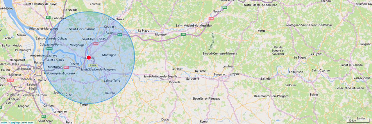 Carte de la zone d'intervention pour les cours d'espagnol à Libourne (rayon de 20 kilomètres)